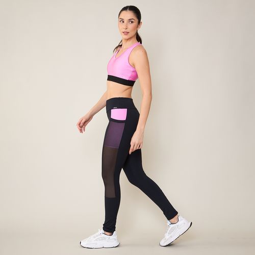 Calça Legging Esportiva Feminina com Recortes e Bolso Tule