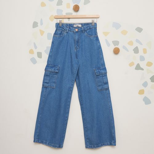 Calça Jeans Infantil Wide Leg com Bolsos Cargo
