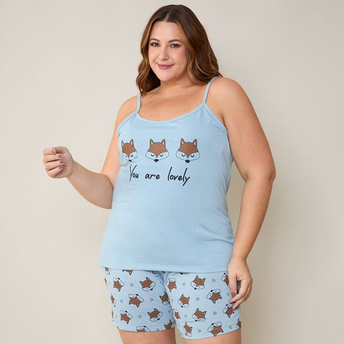 Pijama Feminino Plus Size Shorts e Blusa Estampado Raposa