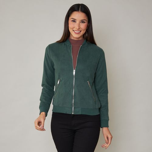 Jaqueta Feminina Bomber em Suede com Zíper
