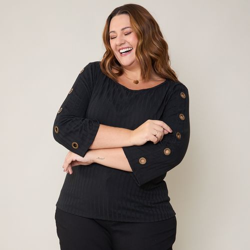 Blusa Feminina Plus Size Malha Canelada 7/8 Ihós