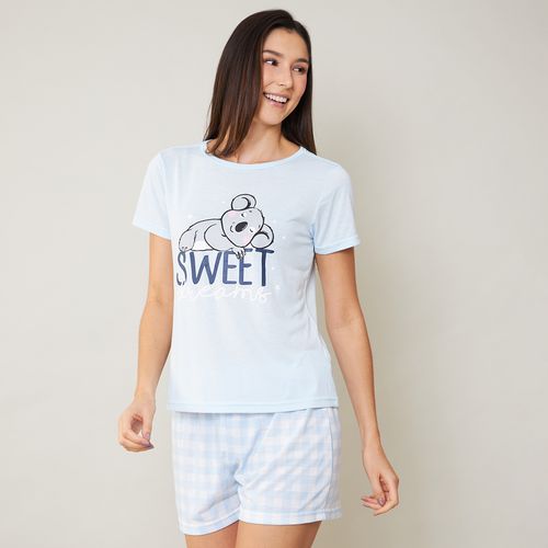 Pijama Feminino Koala Shorts e Camiseta Azul