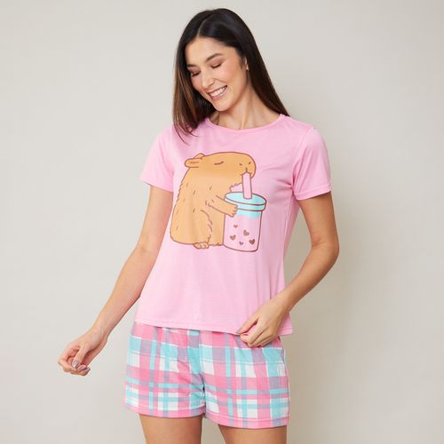 Pijama Feminino Capivara Shorts e Camiseta Rosa
