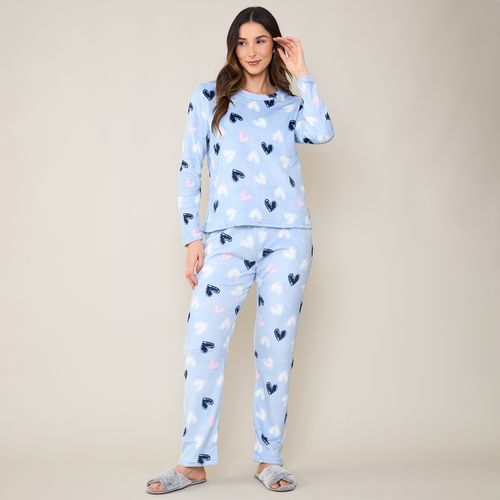 Pijama Feminino Blusa e Calça Estampado Fleece Azul