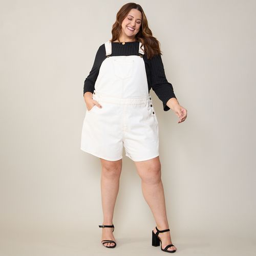 Macaquinho Jeans Feminino Plus Size Sarja Off-white