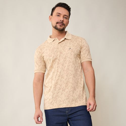 Camisa Polo Masculina Estampada Folhagem Bege