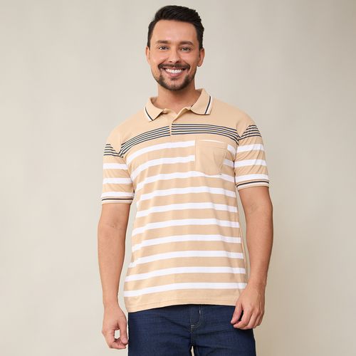 Camisa Polo Masculina com Bolso Listrada Bege
