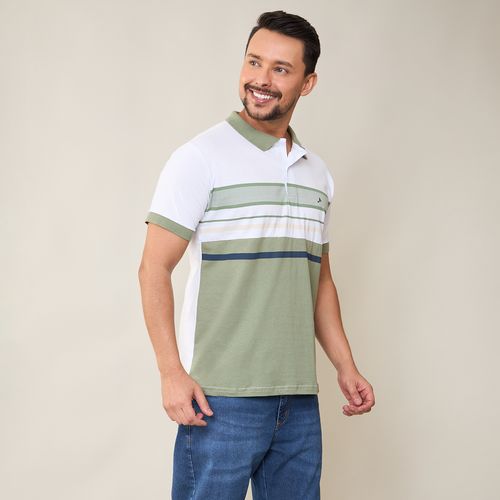 Camisa Polo Masculina Bicolor Detalhes Listras Verde