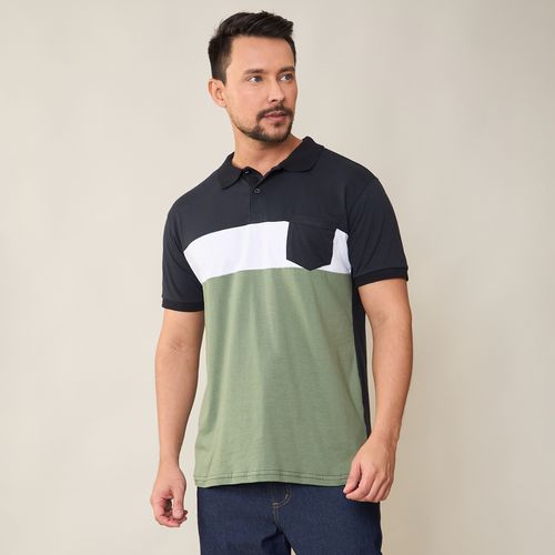 Camisa Polo Masculina Color Block com Bolso Verde