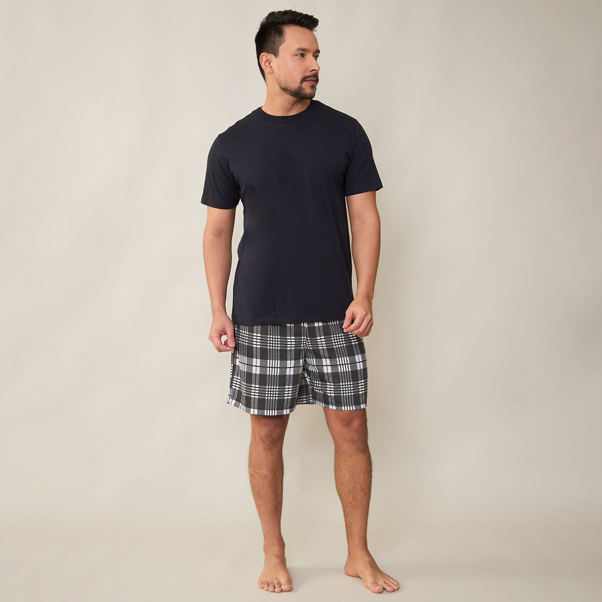 Shorts Masculino Xadrez Preto com Elástico