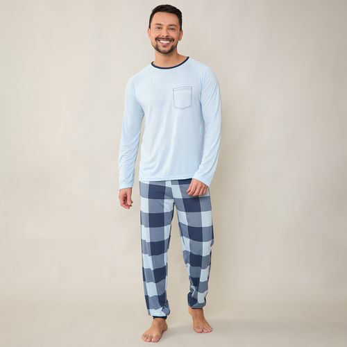Pijama Masculino Longo com Estampa Xadrez Azul