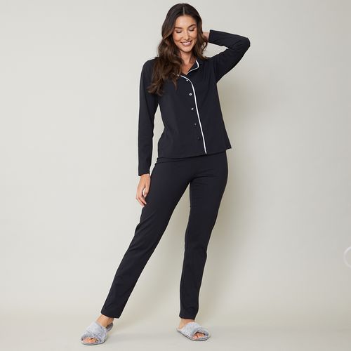 Pijama Feminino Longo Preto com Botões e Detalhes Brancos