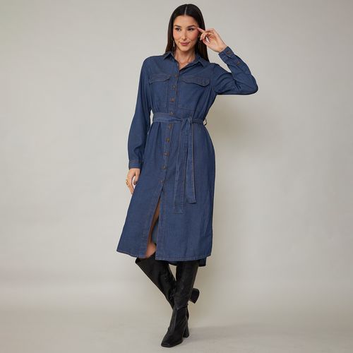 Cambos Vestido Chemise Jeans Manga Longa Midi Liocel