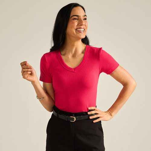 Blusa Feminina Manga Curta Decote V Pink Basic Sou