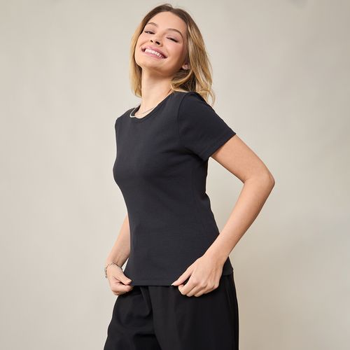 Blusa Feminina Manga Curta Preta Basic Sou