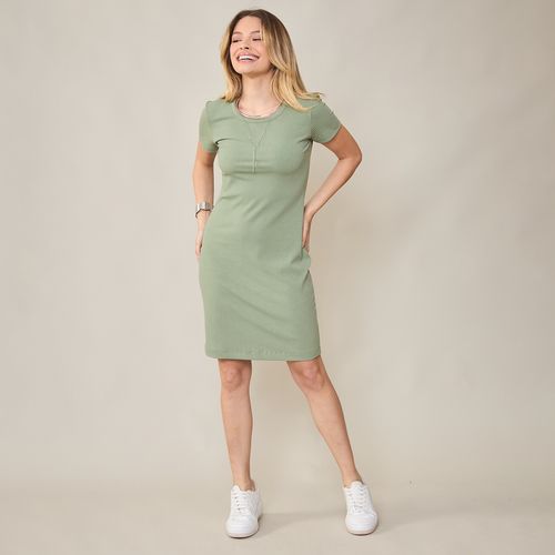 Vestido Manga Curta Canelado Verde Basic Sou
