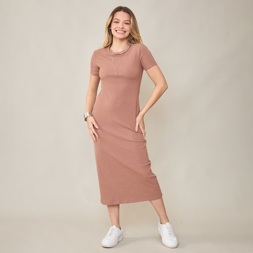 Vestido Midi Manga Curta Canelado Marrom Basic Sou