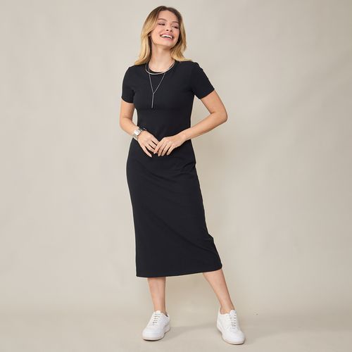 Vestido Midi Manga Curta Canelado Preto Basic Sou