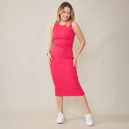 Vestido Midi Sem Manga Canelado Pink Basic Sou