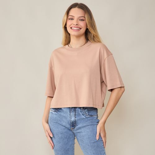 Camiseta Cropped Manga Curta em Algodão Peruano Bege