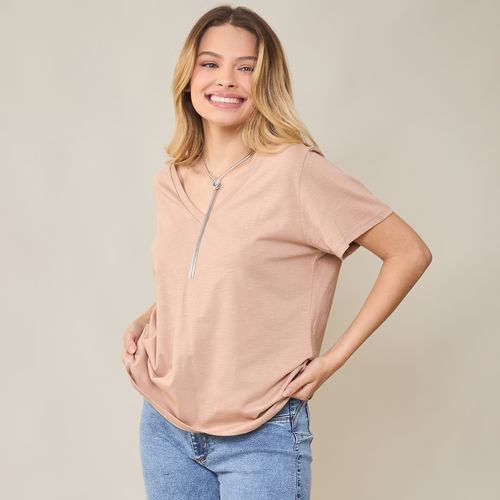 Camiseta Feminina Gola V Algodão Peruano Bege Basic Sou