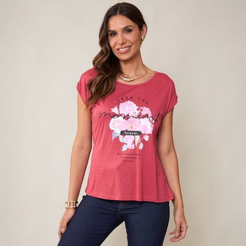 Blusa Feminina Manga Curta com Estampa e Gola Canoa Vermelha