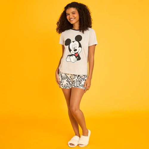 Pijama Feminino Camiseta e Shorts Mickey Cinza