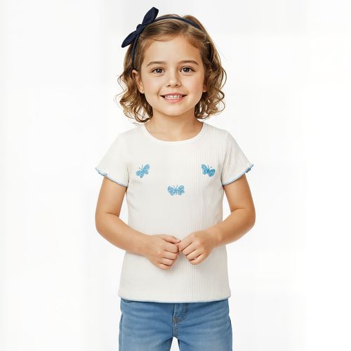 Blusa Infantil Canelada Manga Curta Bordado Borboletas