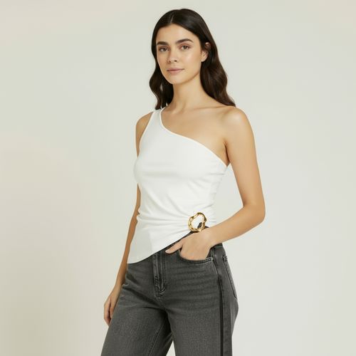 Blusa Feminina Um Ombro Só com Detalhe Metalizado