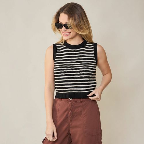 Blusa Feminina Sem Manga em Tricô Listrado