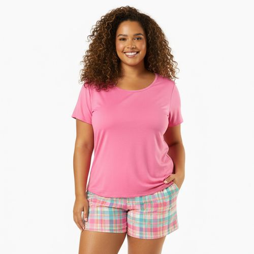 Pijama Feminino Plus Size Blusa e Shorts Xadrez Rosa
