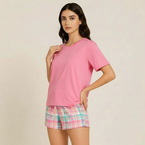 Pijama Feminino Camiseta e Shorts Xadrez Rosa