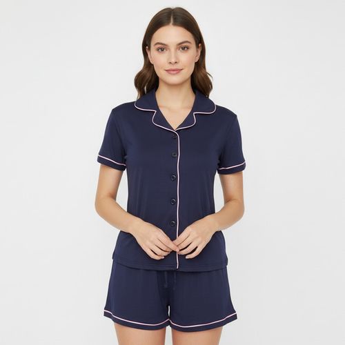 Pijama Feminino Botões Marinho com Viés Rosa