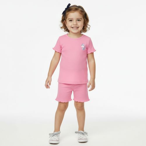 Conjunto Infantil Canelado Camiseta e Bermuda Rosa