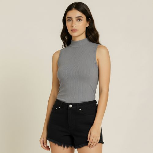 Regata Feminina Canelada com Gola Alta Cinza