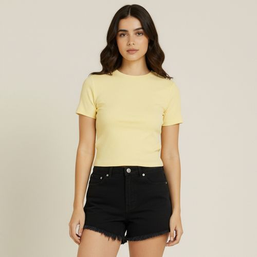 Blusa Feminina Amarela Canelada Manga Curta