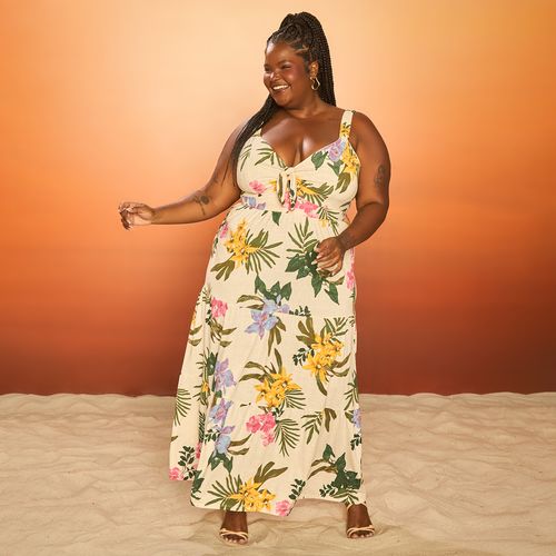 Vestido Feminino Plus Size Floral com Nó no Busto