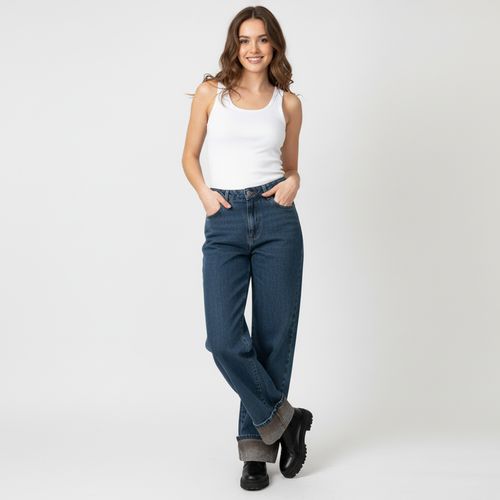 Sawary Calça Jeans Feminina Reta Azul Médio