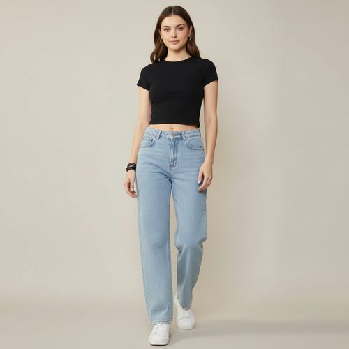 Sawary Calça Jeans Feminina Wide Leg Azul Claro