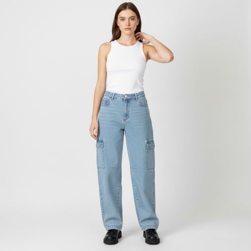 Sawary Calça Jeans Feminina Cargo Azul Claro