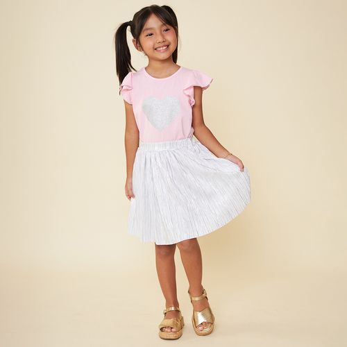 Conjunto Infantil Blusa Bordado Coração e Saia Plissada