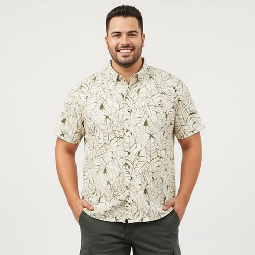 Camisa Masculina Plus Size Estampada Folhagem Off White